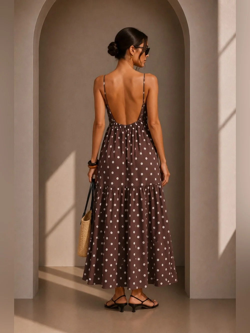 Commense Brown & White Polka Dot Spaghetti-Strap Tiered Maxi Dress - Picture 2 of 8